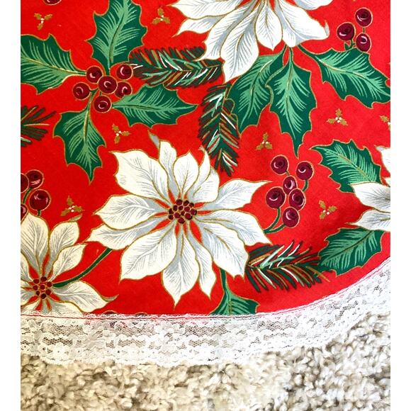 Holiday Poinsettia Round Table Cloth Vintage Tabletop Decor 1990s - Picture 3 of 4